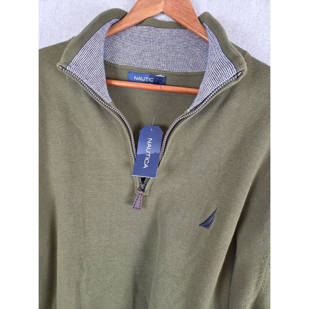 Nautica Mens 2XL Pullover Sweater 1/4 Zip Olive Green Logo Preppy Golf Walk NEW
